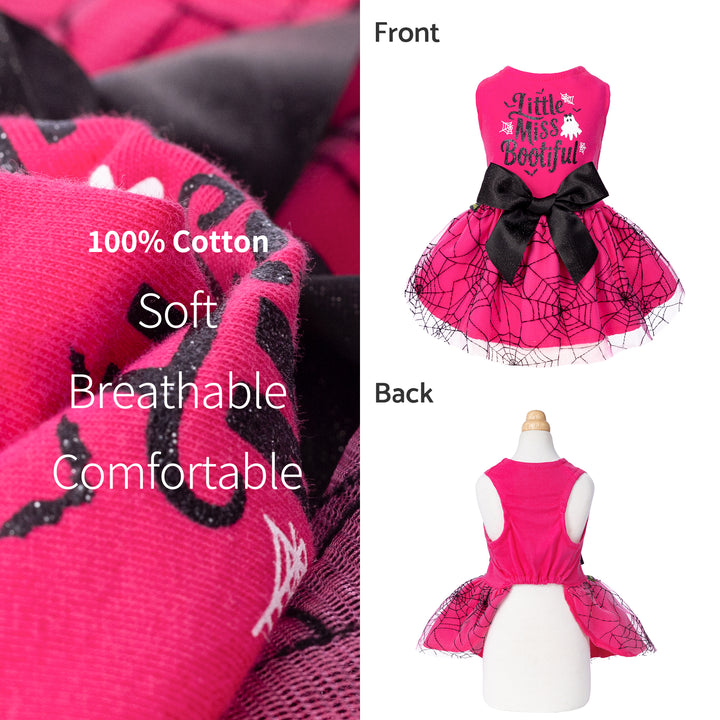 Pink Halloween dog dress with 'Little Miss Bootiful' print, black bow, spiderweb skirt. Features soft, breathable cotton.