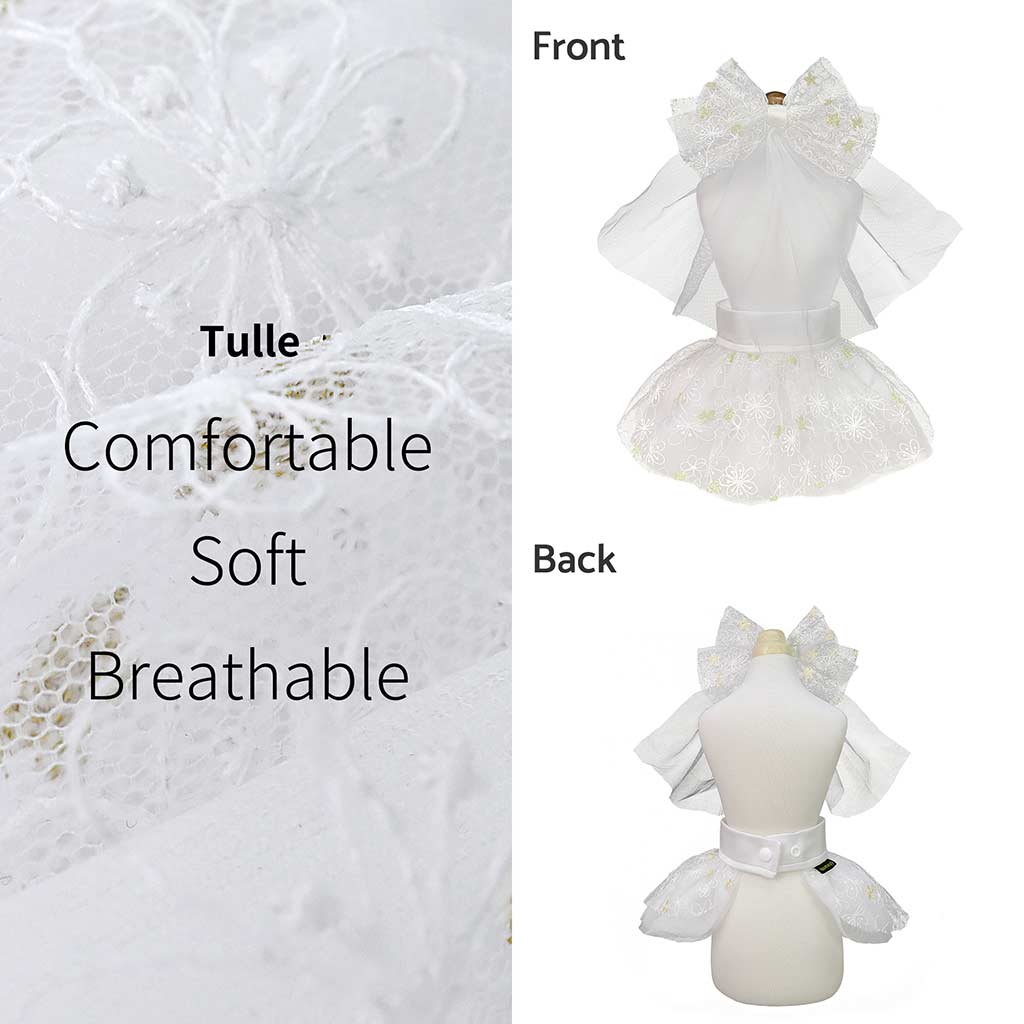 White Dog Dress with Embroidered Flowers and Large Bow - Fitwarm Dog Clothes