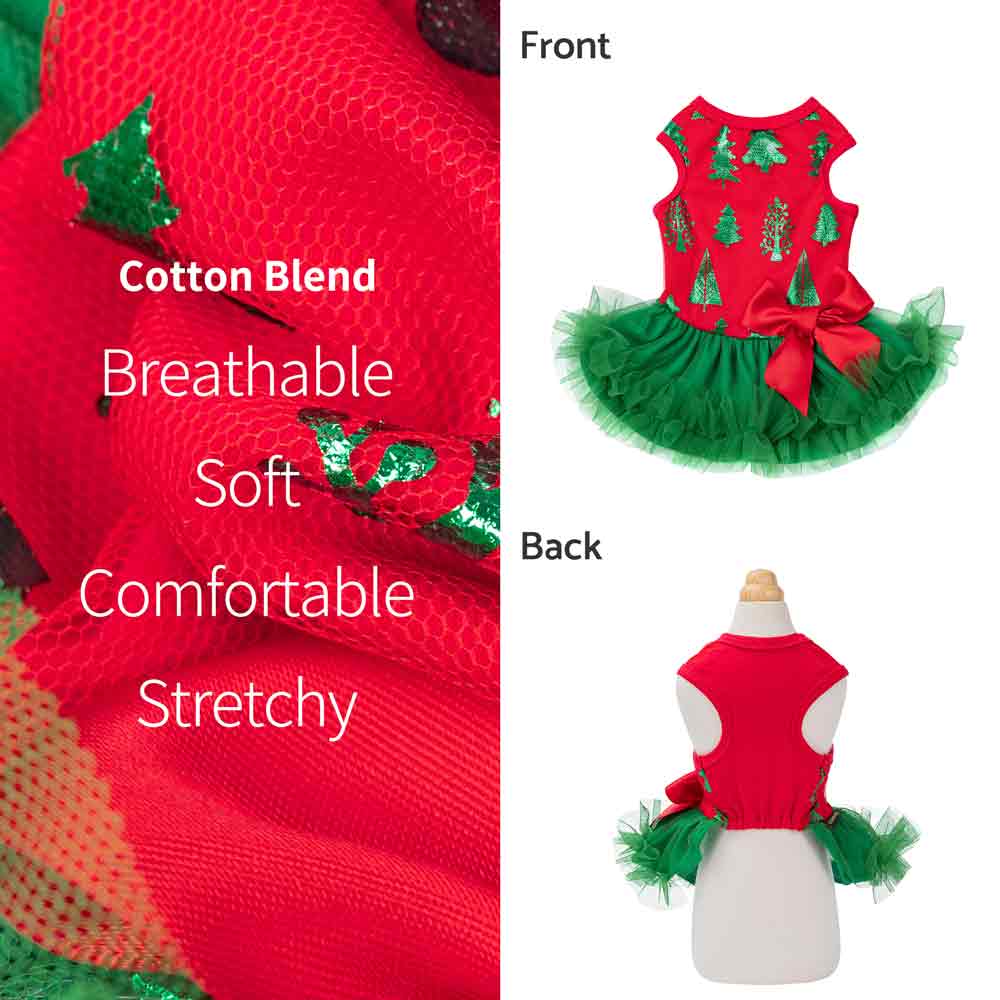Christmas dog tutu dress: red with green trees, layered green tulle skirt, red bow. Front/back views.