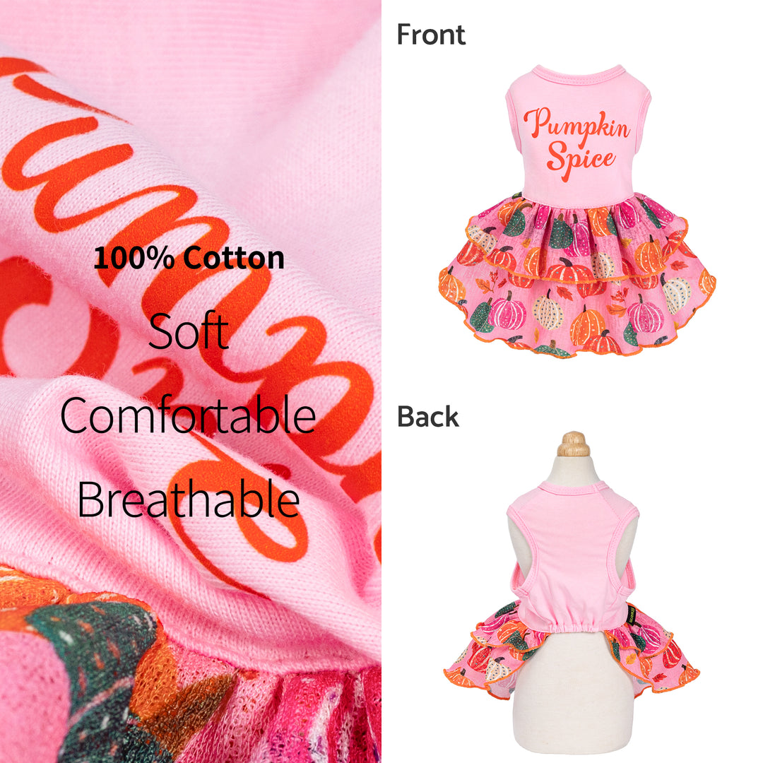 Pink dog dress with 'Pumpkin Spice' text and layered pumpkin leaf print skirt. 100% cotton, soft, breathable fabric.