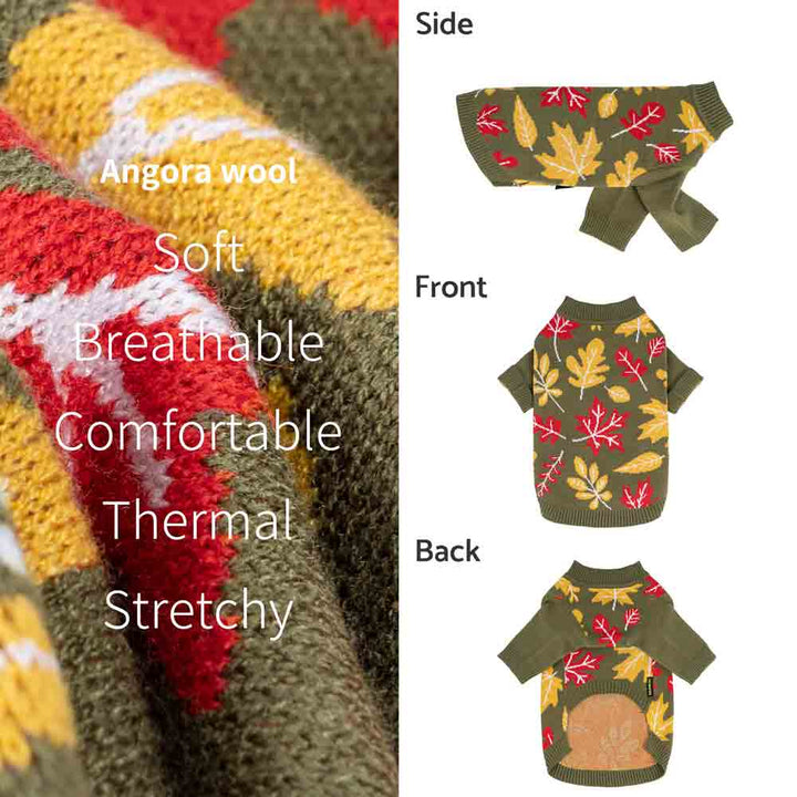 Knit Dog sweater with leaf pattern shown in detail and three angle views.