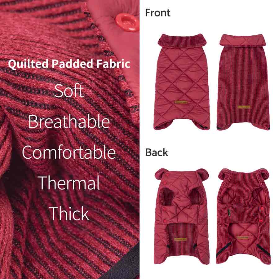 Reversible berry quilted dog coat with button closure and ribbed knit side, showing front and back views with leash opening.