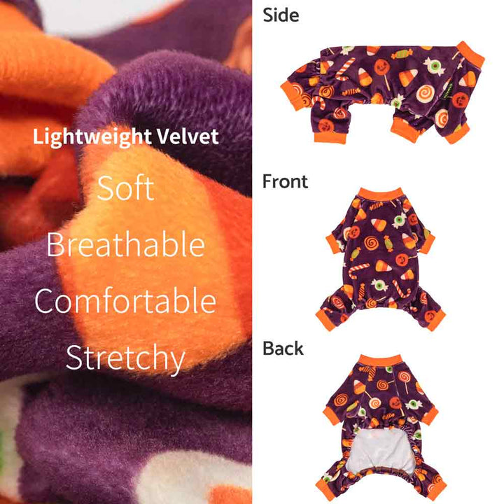 Soft, stretchy purple velvet dog pajamas with Halloween candy prints.