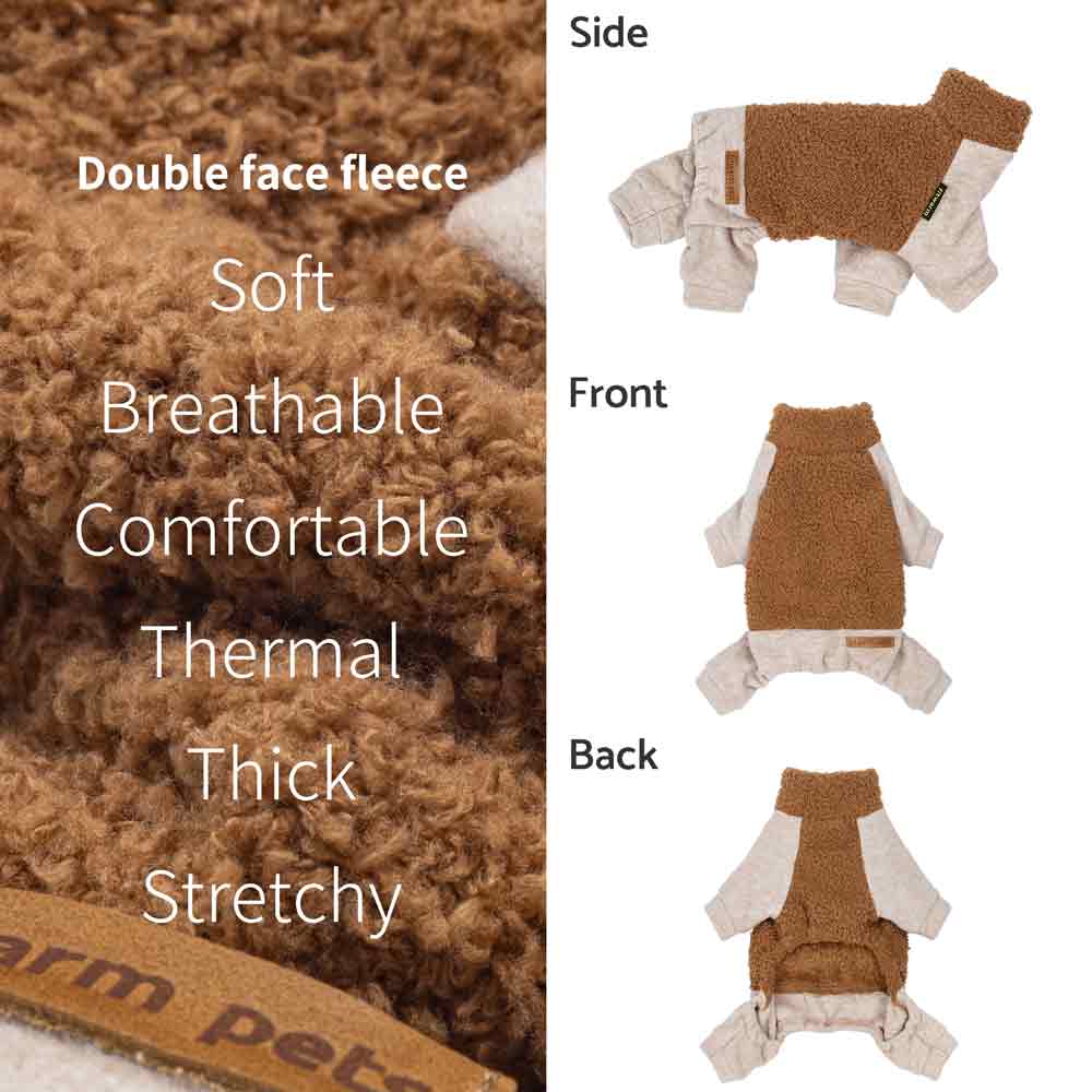 Side, front, back views of brown fleece Dog pajamas with soft stretch fabric