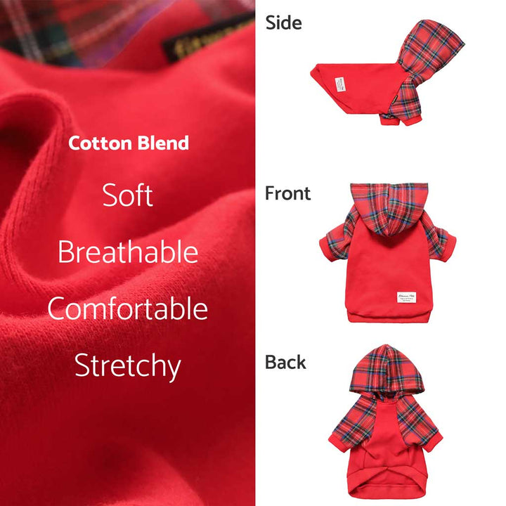Dog Hoodie in Red with Tartan Lining - Fitwarm Dog Clothes