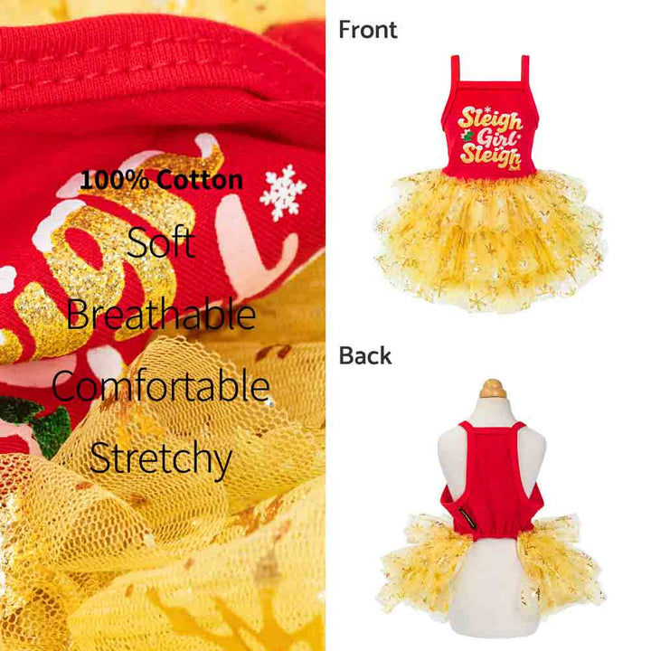 Christmas dog dress made of 100% cotton with soft, breathable, and stretchy gold tutu design.