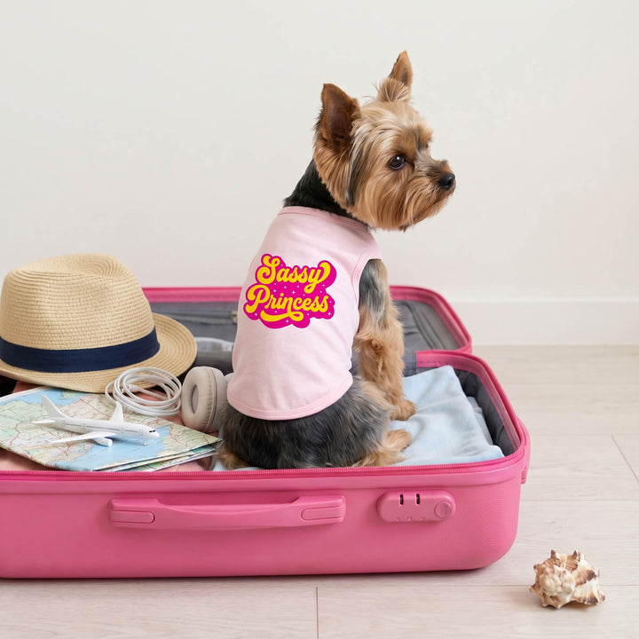 Dog wearing a 'Sassy Princess' shirt for dogs sitting inside an open pink suitcase.