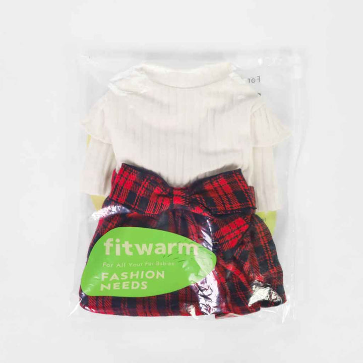 Dog's White Ruffle Top with Red Checkered Skirt - Fitwarm Dog Clothes
