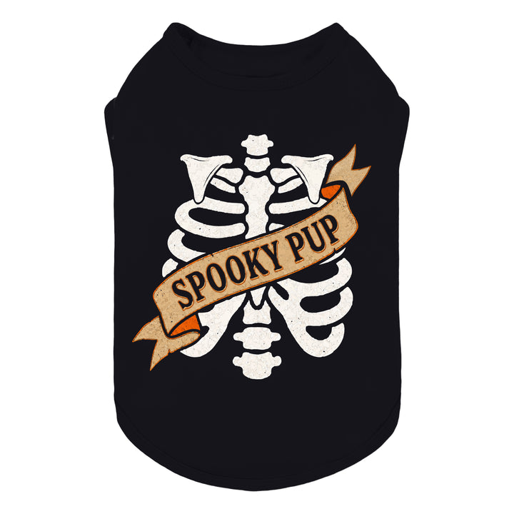 Black dog tank top featuring a white skeleton rib cage graphic with a tan banner across the chest that reads 'SPOOKY PUP' in black lettering