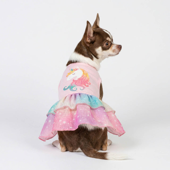 Chihuahua in a tiered ruffle dog dress with dreamy unicorn print