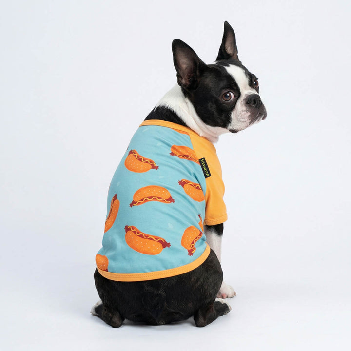 Dog looks back with a dog t-shirt in hot dog prints