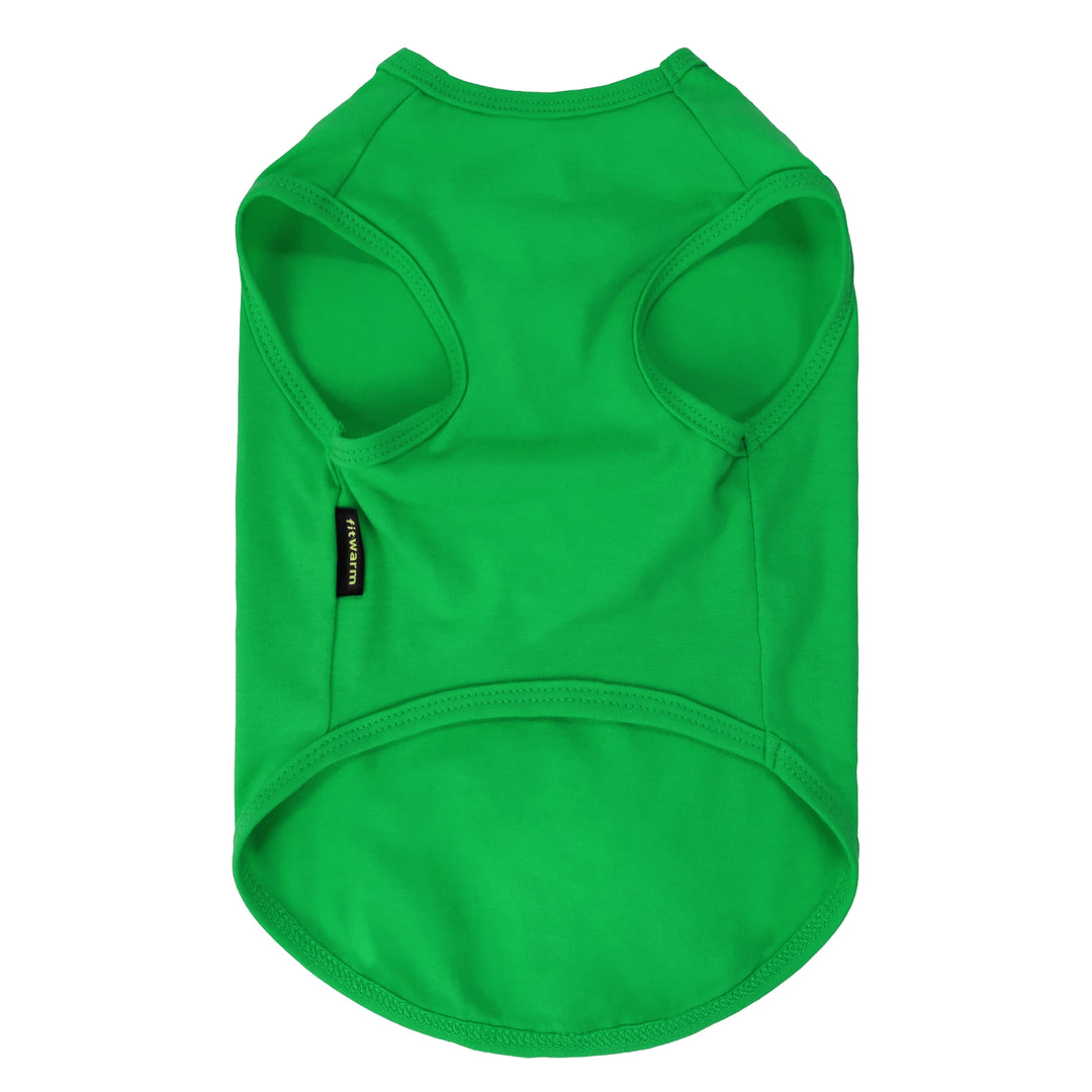 Bright green dog tank top with breathable cotton fabric and curved seams for comfortable pet wear.