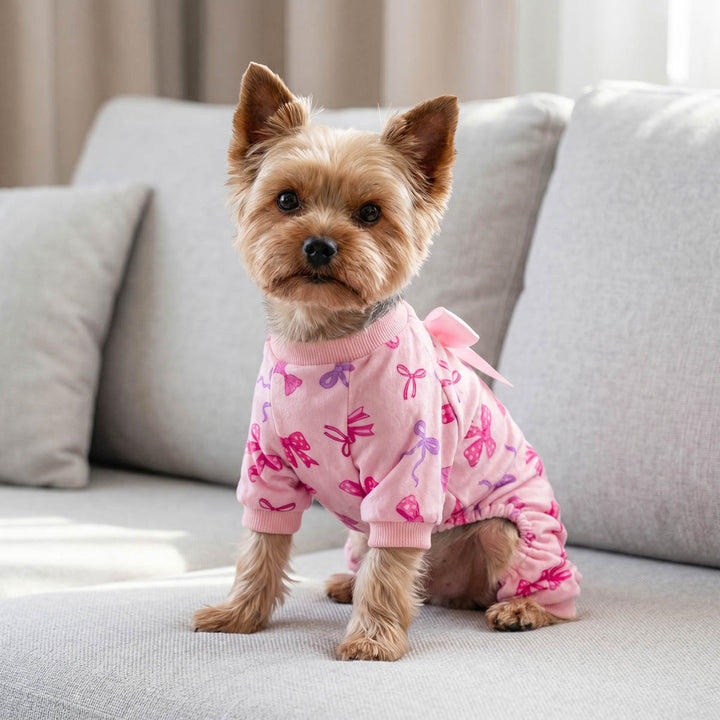 Yorkie sitting on the sofa with a pink dog onesie in bow prints
