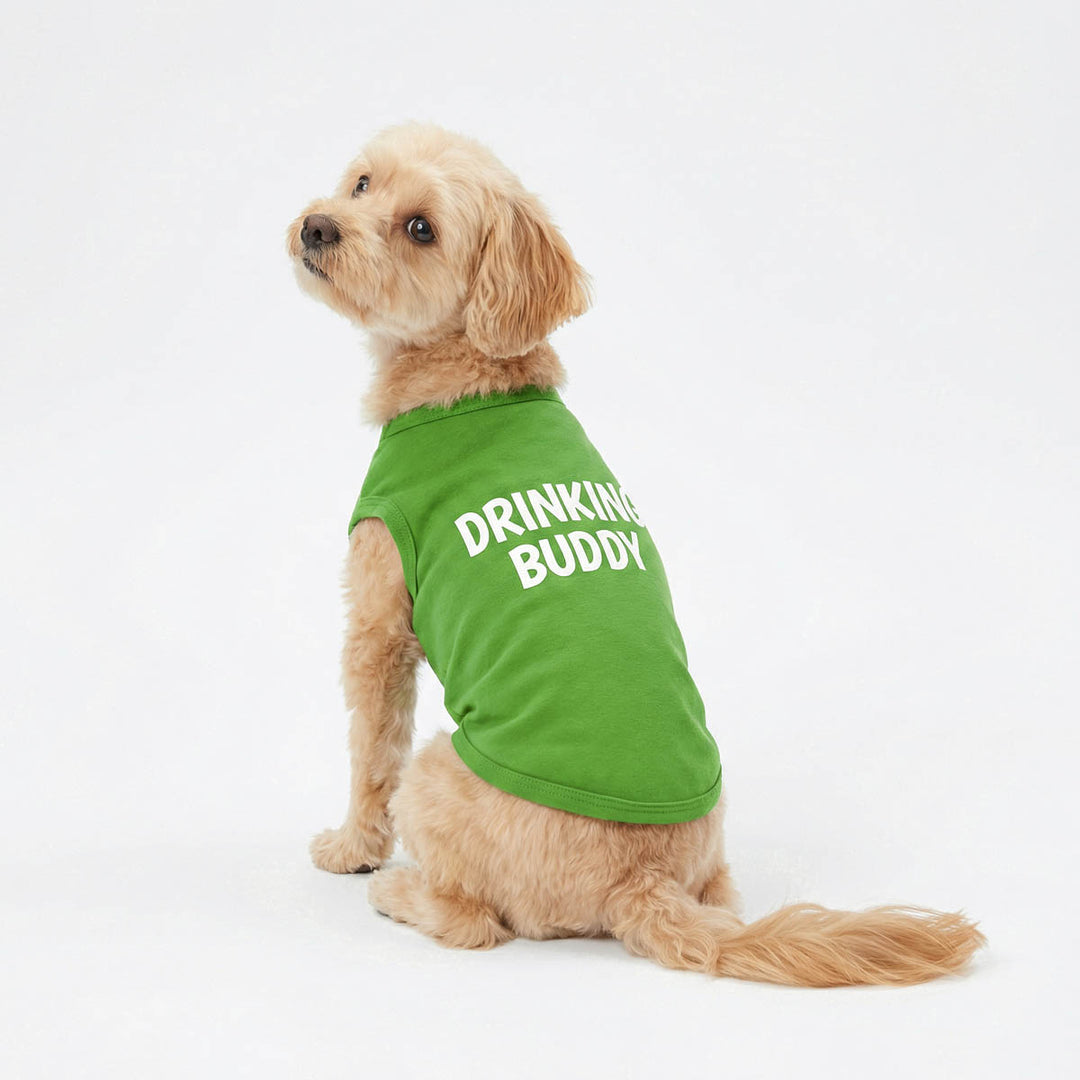St. Patrick's Day dog tank top with 'Drinking Buddy' lettering on a small dog