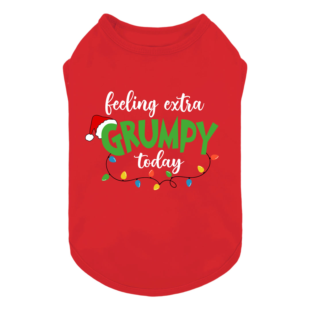 Red dog shirt with 'Feeling Extra Grumpy Today' text and colorful Christmas lights. Holiday dog apparel.