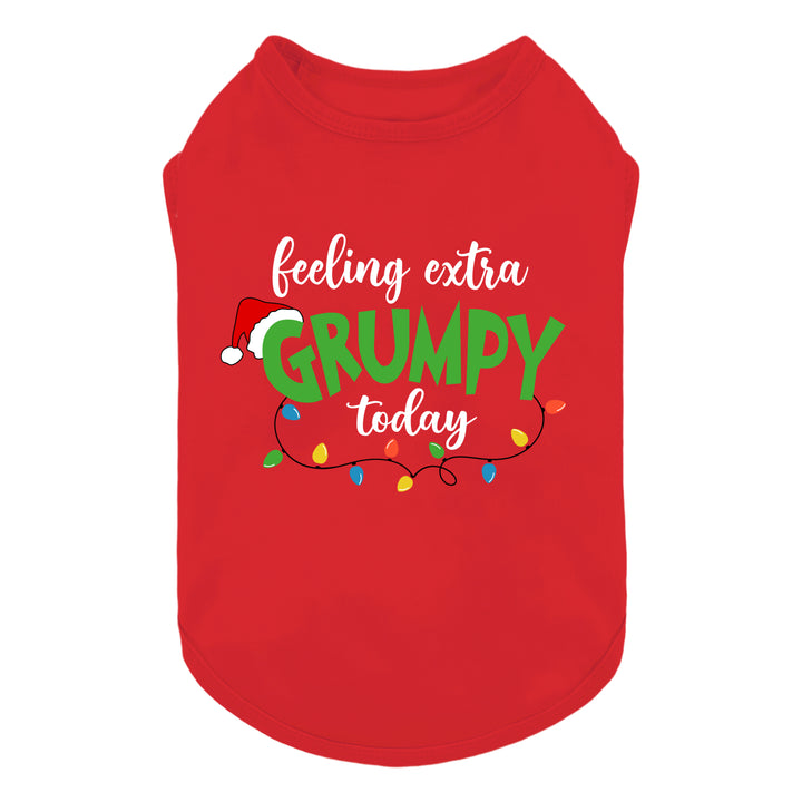 Red dog shirt with 'Feeling Extra Grumpy Today' text and colorful Christmas lights. Holiday dog apparel.