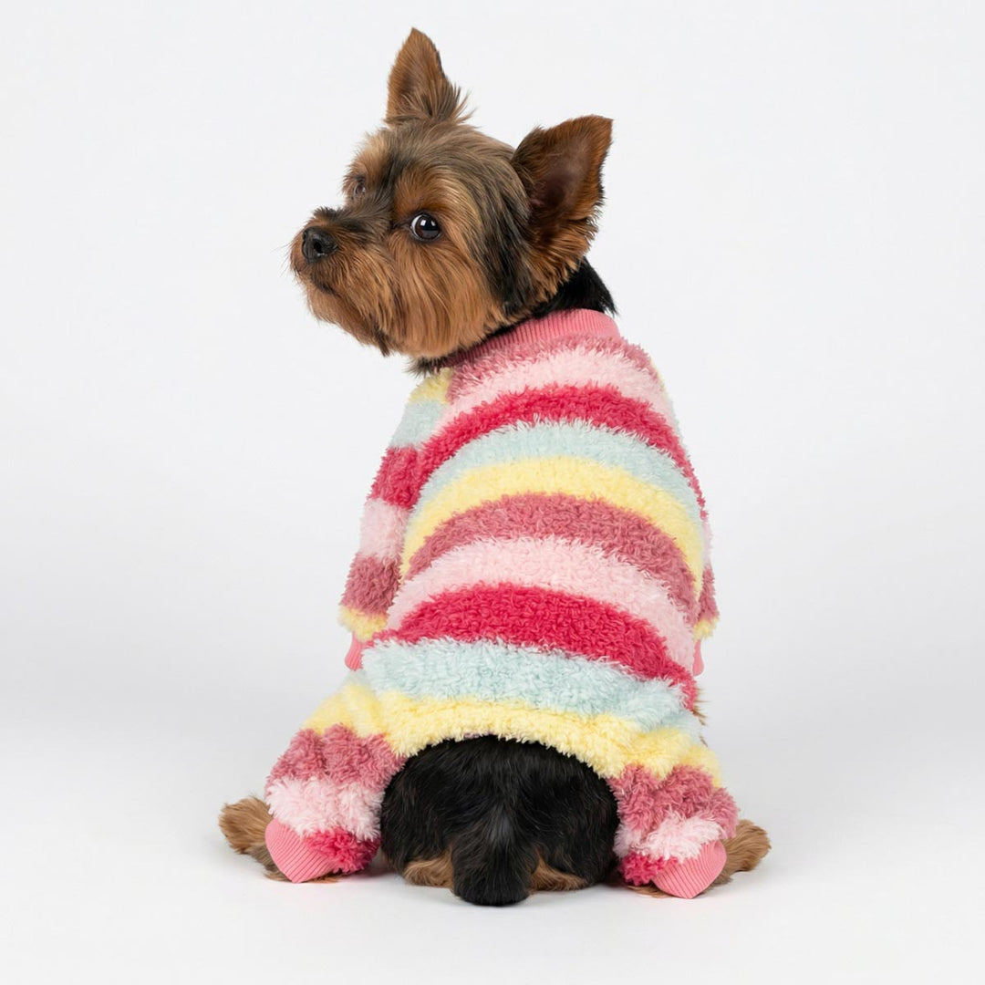 Back view of small dog wearing striped dog pjs in soft fleece