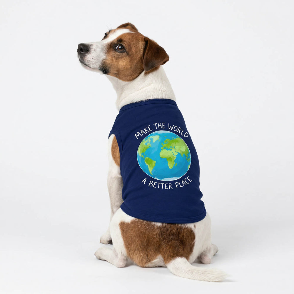 Jack Russell wearing a navy dog tank top with earth print and 'make the world a better place' lettering
