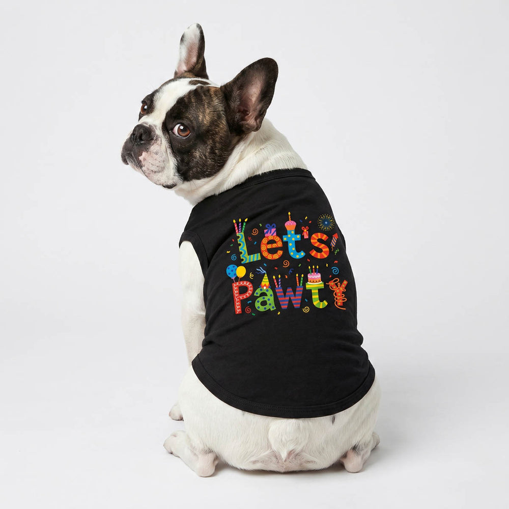 French Bulldog looks back with a black dog tank top with a 'Let's Pawty' lettering