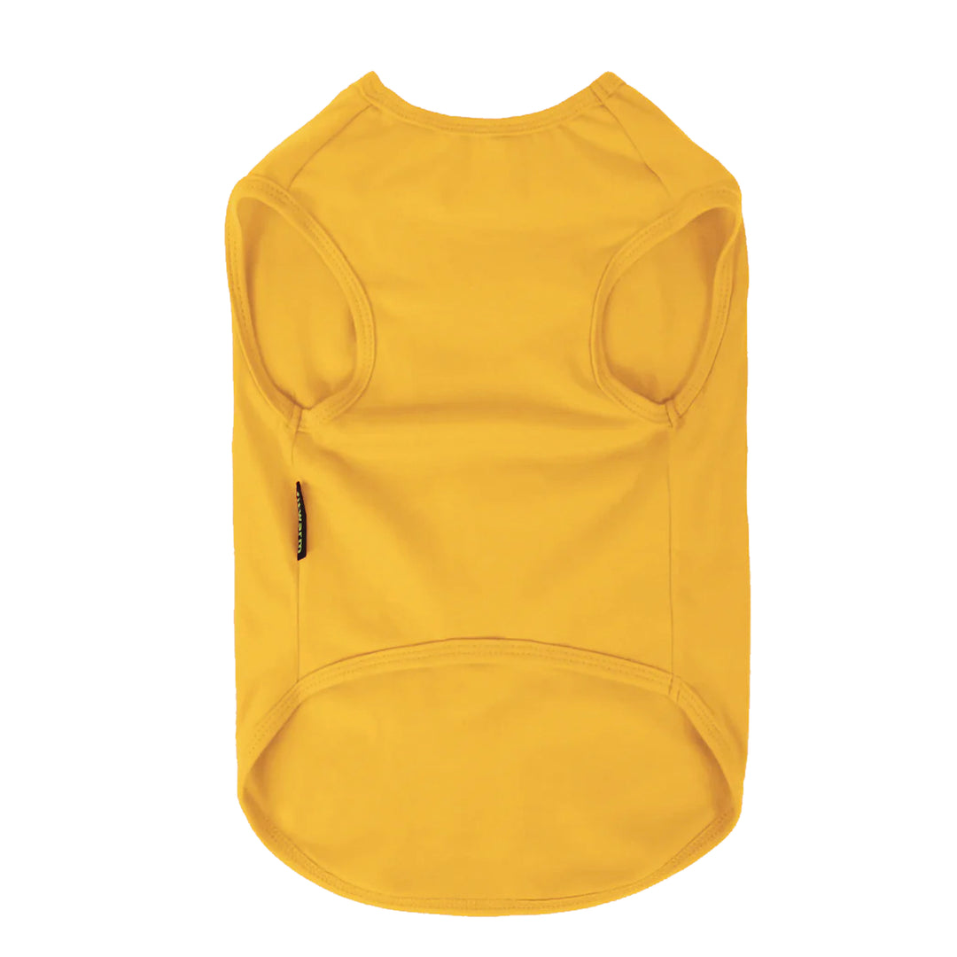 Plain yellow dog shirt back view with sleeveless pullover design for comfortable wear.