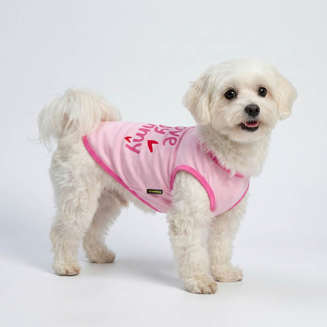 Pink dog shirt with "I Love My Mommy" red text and heart graphic, featuring fitwarm label.