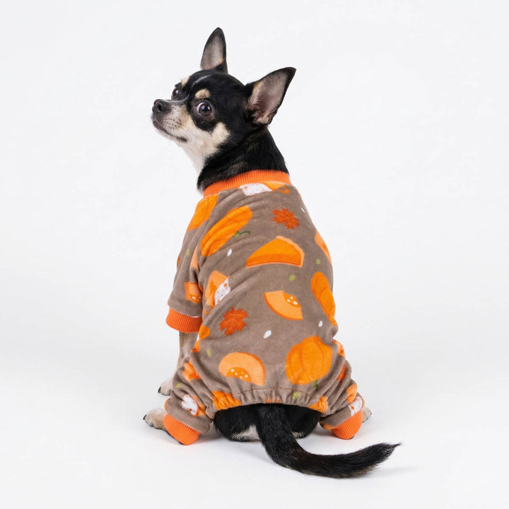 Chihuahua sitting in a Thanksgiving pajamas for dogs designed with pumpkin and pie prints