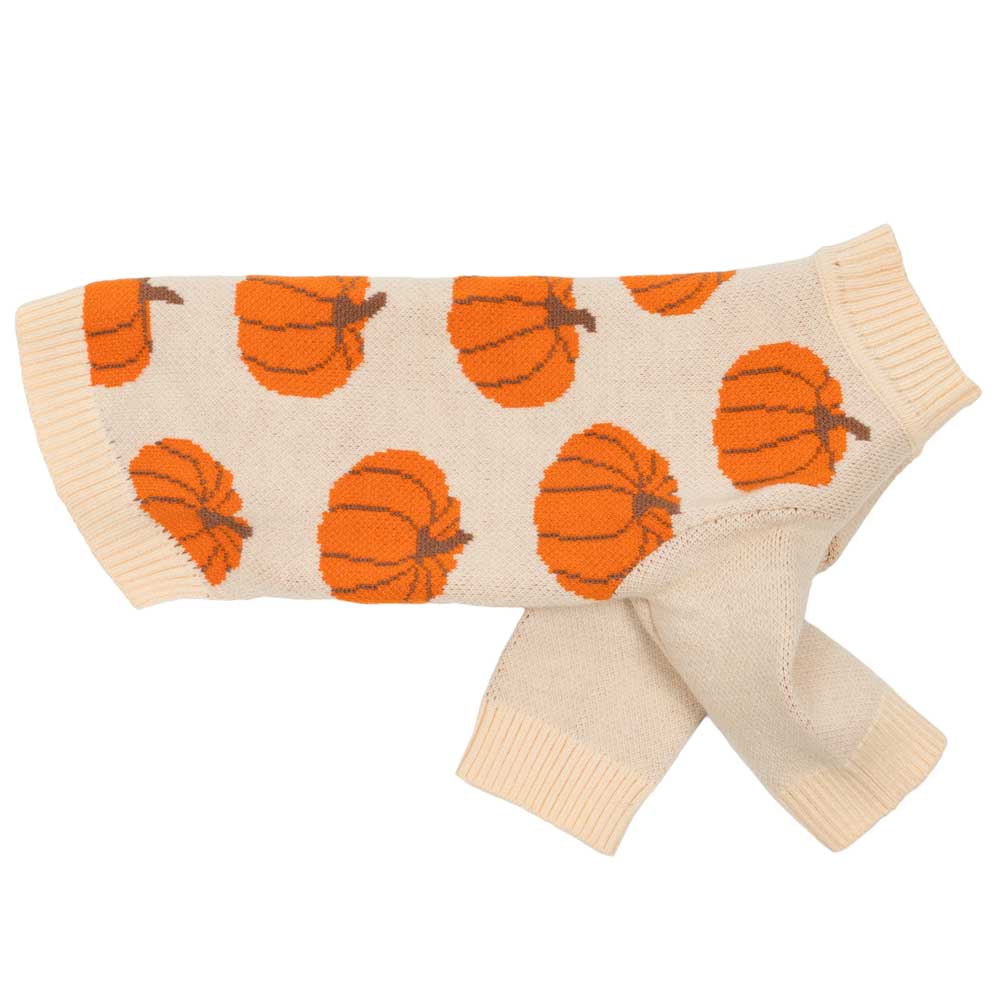 Cozy fall Dog sweater featuring pumpkin jacquard on soft cream background.