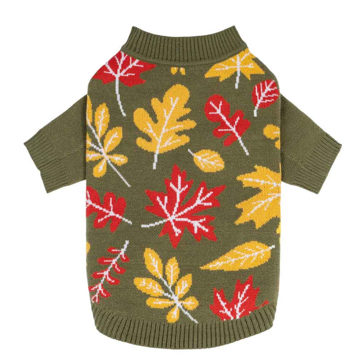 Dog sweater in green with jacquard maple leaf design for cozy fall fashion.