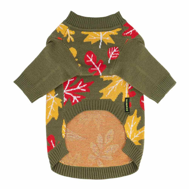 Knitted Dog sweater with colorful fall leaf pattern in green and orange.