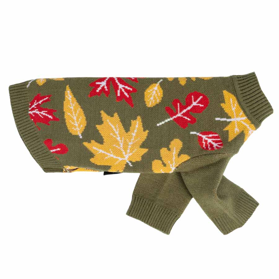 Fall-inspired Dog sweater with vivid leaf motifs and ribbed trims.