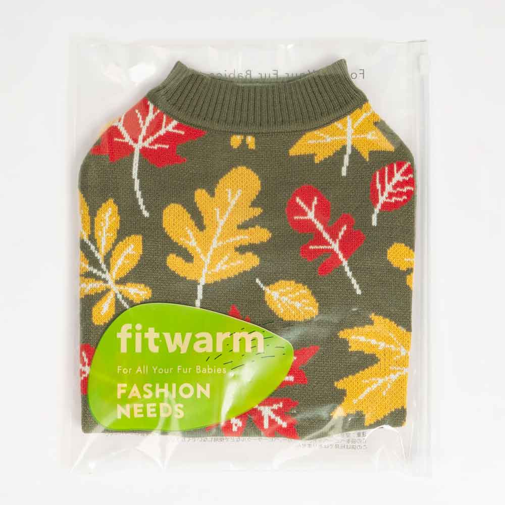 Dog sweater with leaf pattern in packaging, brand 'fitwarm' visible