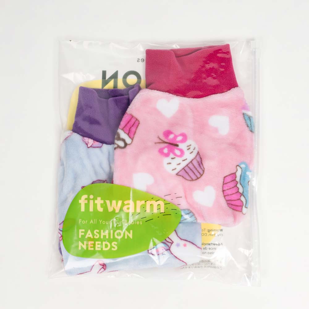 Two pack of dog fleece sweaters: light blue with unicorns, pink with cupcakes. Product showcase.