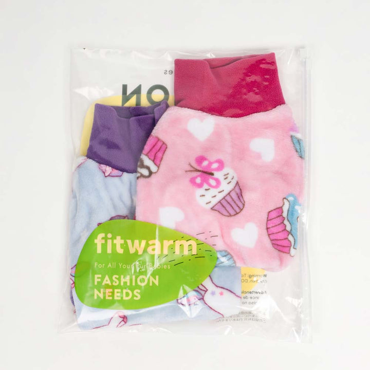 Two pack of dog fleece sweaters: light blue with unicorns, pink with cupcakes. Product showcase.