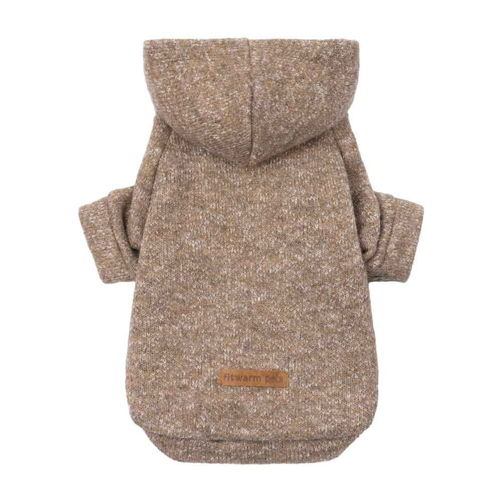 Heathered knit dog hoodie in speckled light brown with hood and "fitwarm pets" tag, product view.