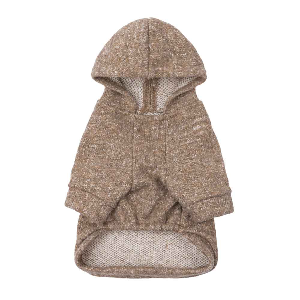 Heathered knit dog hoodie in speckled light brown with hood and sleeves, product view.