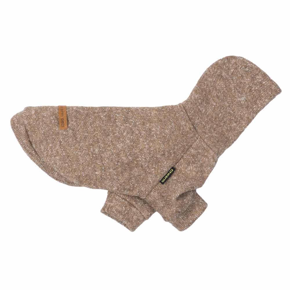 Heathered light brown knit dog hoodie with hood and sleeves, featuring speckled texture and 'fitwarm pets' tag.