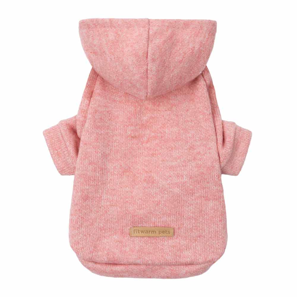 Heathered rose pink knit dog hoodie with hood, short sleeves, and speckled texture. Product view.