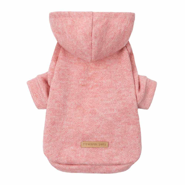 Heathered rose pink knit dog hoodie with hood, short sleeves, and speckled texture. Product view.