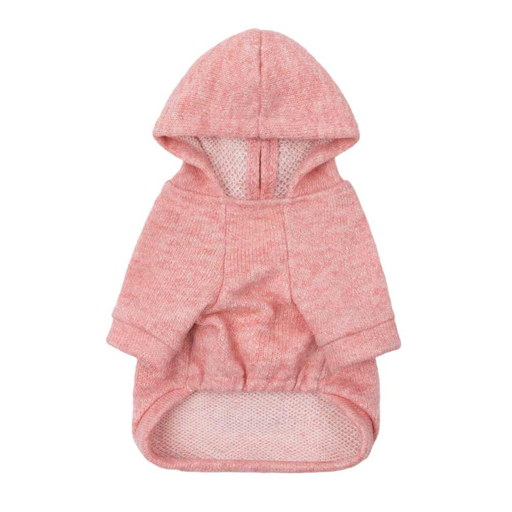 Heathered rose pink knit dog hoodie with hood and relaxed fit, showcasing soft, breathable fabric.