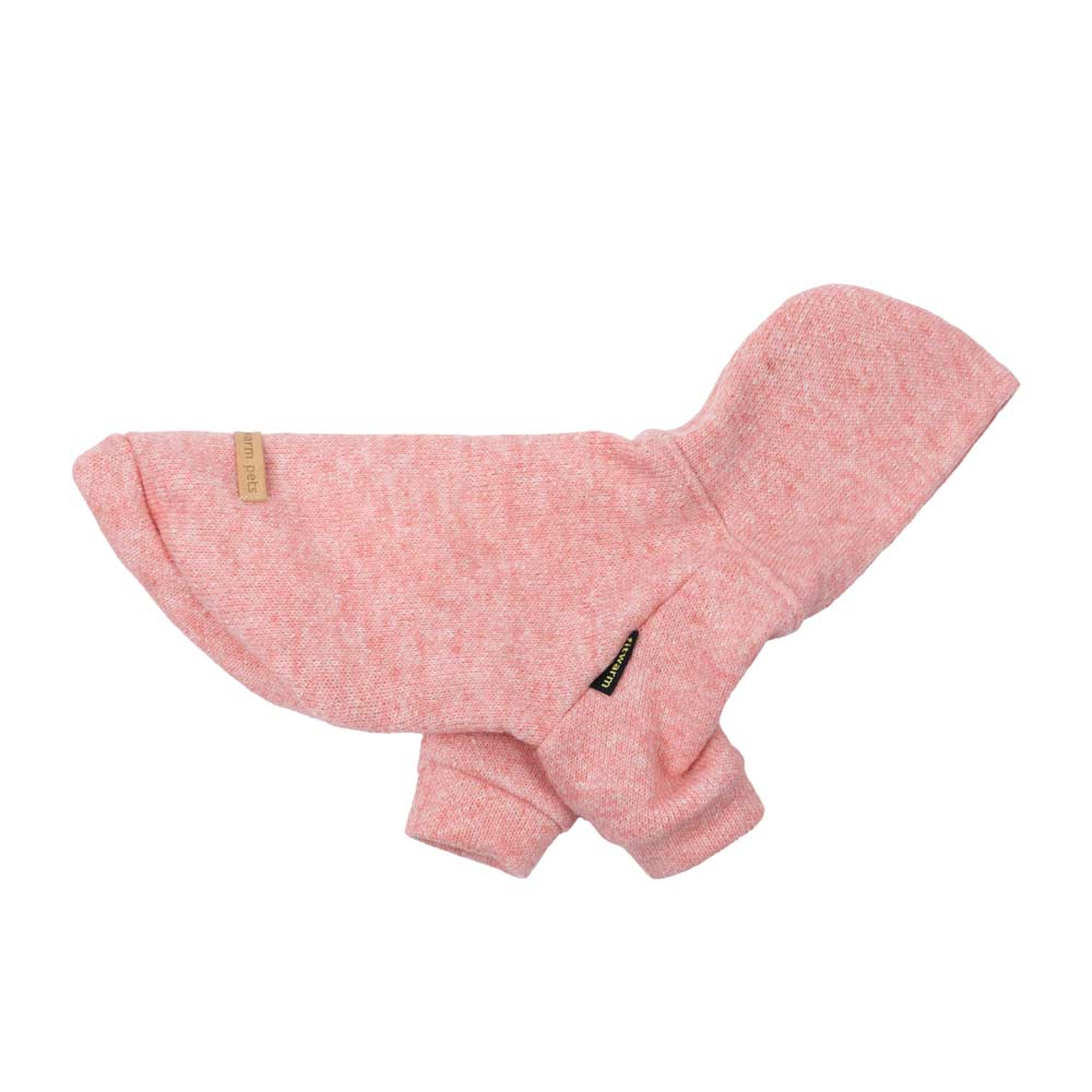 Heathered knit dog hoodie in speckled rose pink with hood and leash hole, product view.