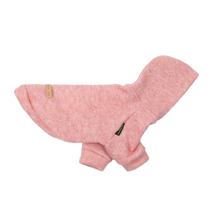 Heathered knit dog hoodie in speckled rose pink with hood and leash hole, product view.