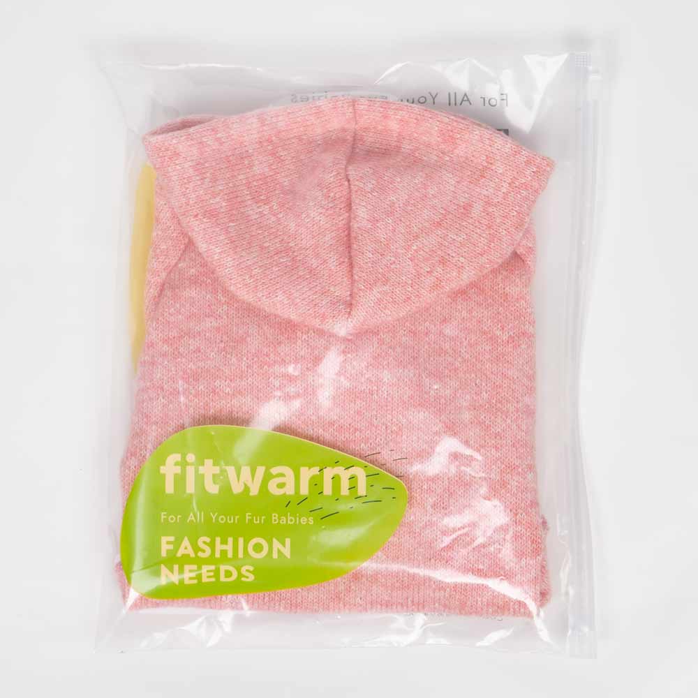 Heathered rose pink knit dog hoodie in packaging with 'fitwarm' tag, product packaging view.