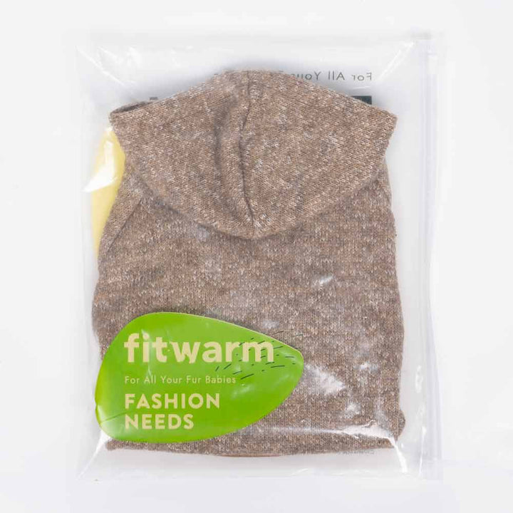 Heathered brown knit dog hoodie with hood and leash hole, packaged with Fitwarm brand tag.