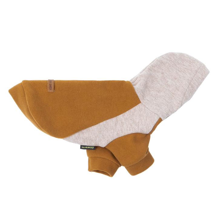 Cozy fleece dog hoodie featuring neutral tones and sporty raglan sleeve.