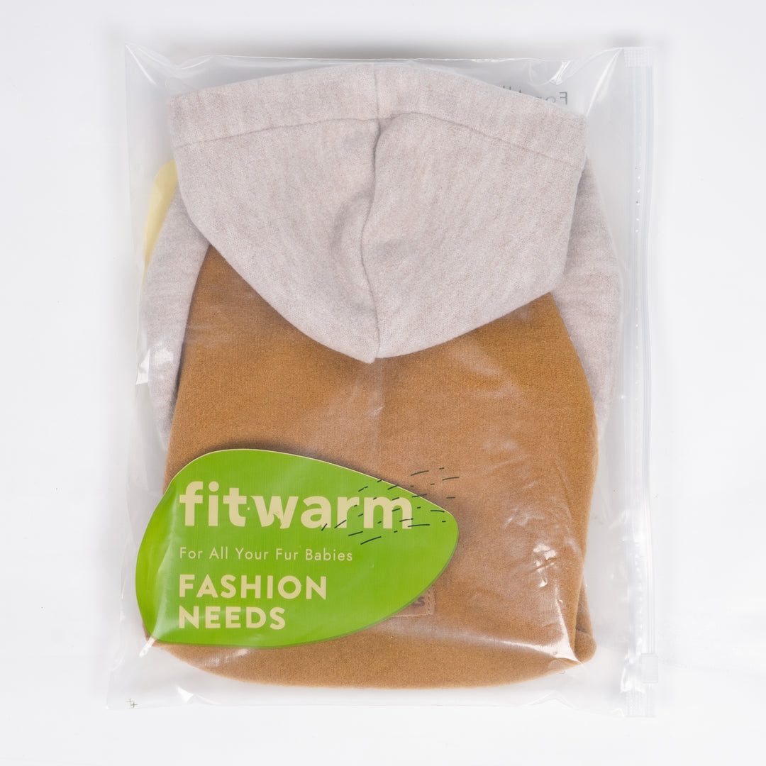 Dog hoodie in camel tone sealed in branded Fitwarm zipper bag.