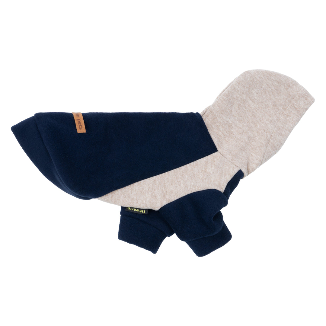 Navy dog hoodie featuring colorblock design with beige hood and sleeves.