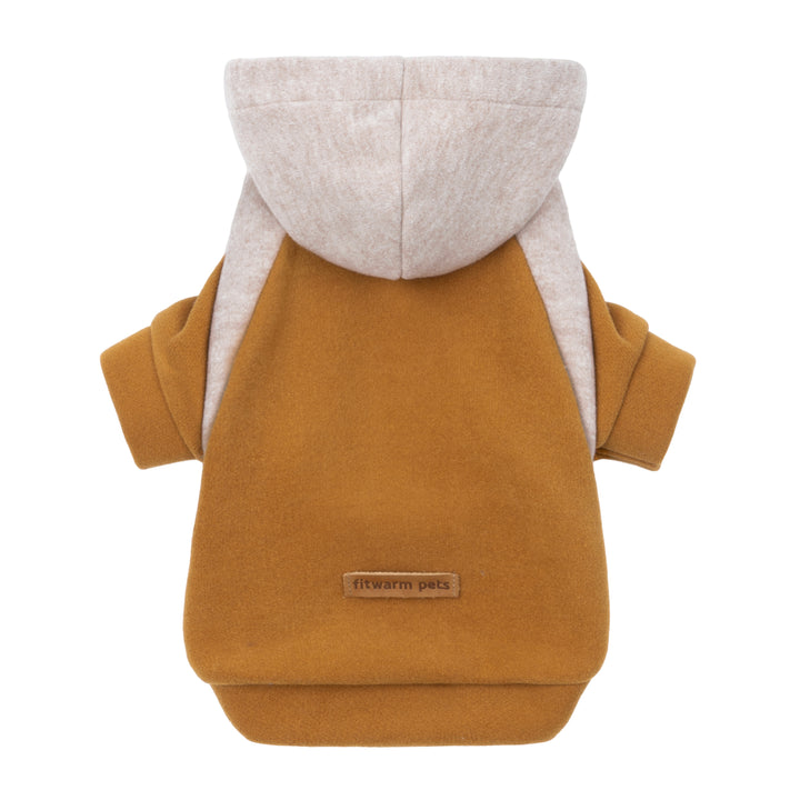 Camel brown dog hoodie with beige hood and sleeves, shown flat on a clean background.