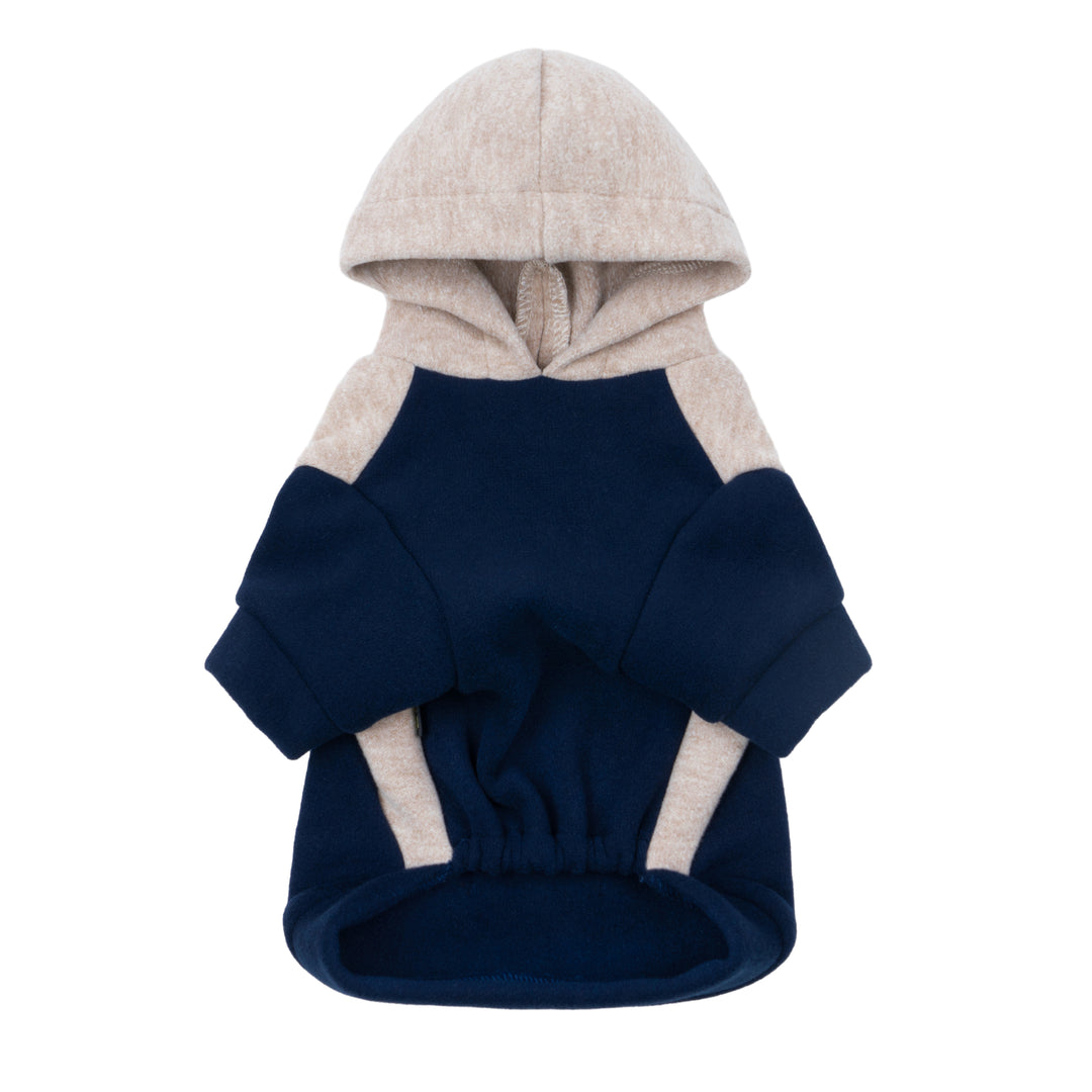Soft fleece dog hoodie with sporty beige accents and stretchy cuffs.