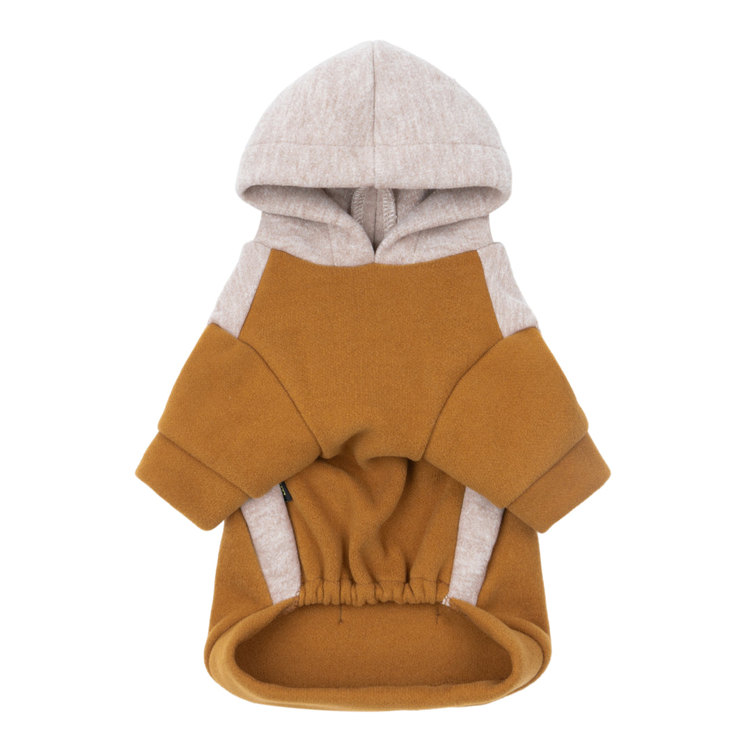 Dog hoodie in warm brown tones with casual fit and soft fleece texture.