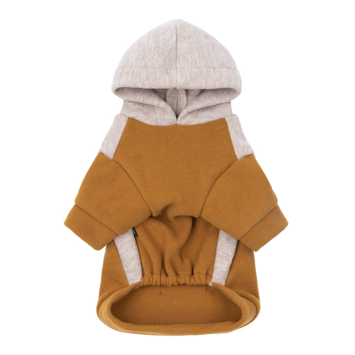 Dog hoodie in warm brown tones with casual fit and soft fleece texture.